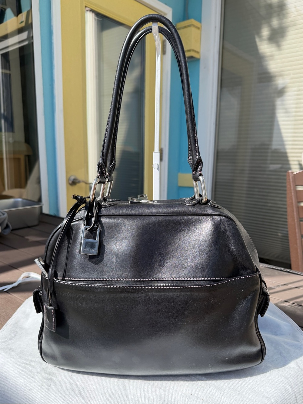 Marc Jacobs Vintage Grainy Leather Double Zip Bowler Bag Black Pink